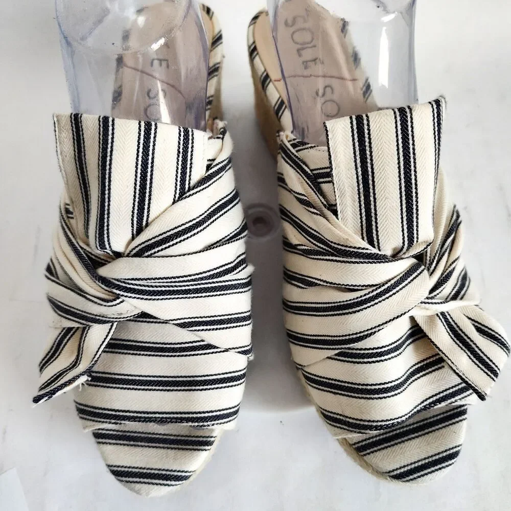 Sole Society Mules Size 9 Slides Linen Cream Blue‎ Striped Bow Flats Closed Toe